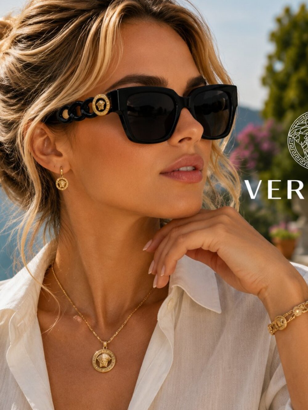 NWT Versace VE4409 Black/Dark Grey Medusa Chain Sunglasses Box & Case
